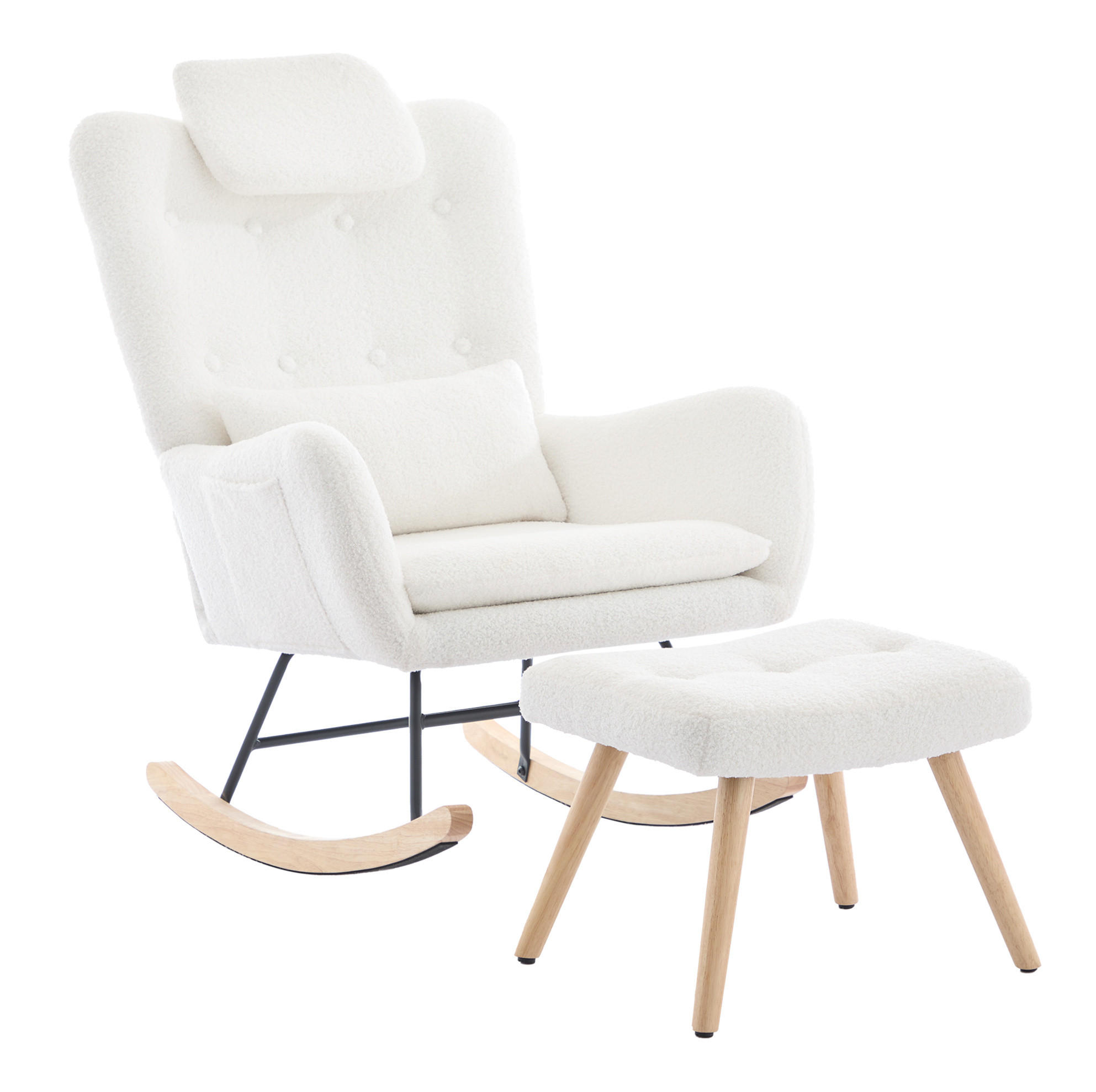 RELAX-SCHAUKELSTUHL 73/92/102 cm mit Hocker und Teddybezug – bis 100 kg belastbar - Weiß, Textil (92/102/73cm) - BEAOK