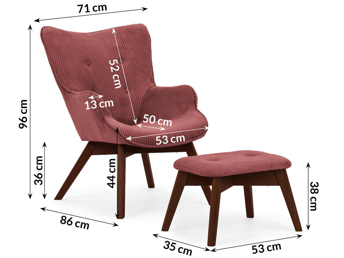 LOUNGESESSEL mit Fußhocker Lenari Terrakotta Cordstoff mit Füßen in Braun - Terra cotta/Braun, Holz/Textil (71/96/86cm) - S-Style Möbel