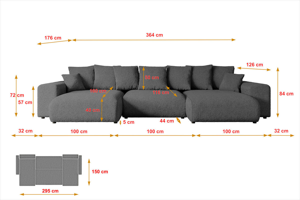 WOHNLANDSCHAFT mit Schlaffunktion ESKAR-U -364x176x84cm Grau Bouclé - Schwarz/Grau, Holzwerkstoff/Kunststoff (364/84/176cm) - ALTDECOR