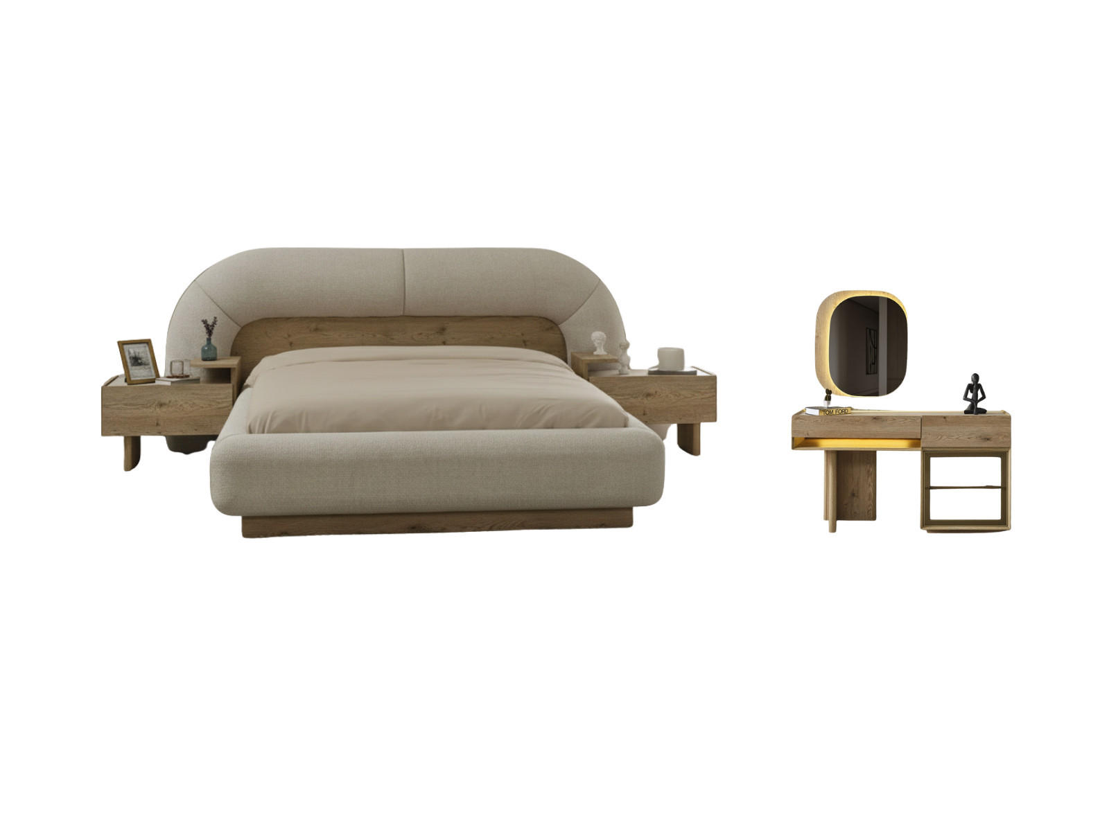 BETTANLAGE ANKA Schlafzimmer-Set, 4-teilig, Eiche, Bett mit Kopfteil, 2 Nachttische und Kommode - Eichefarben, Holzwerkstoff (160/200cm)