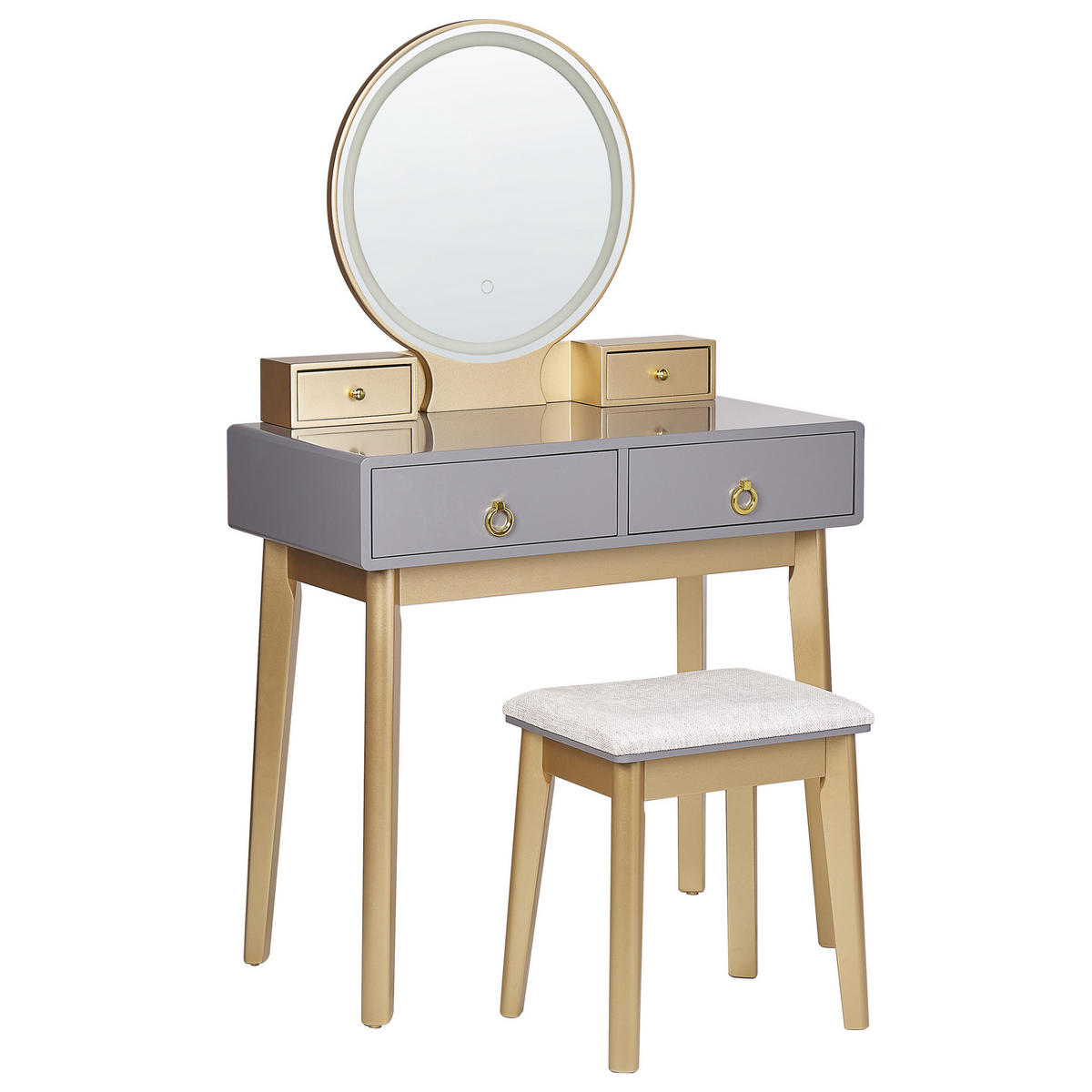 SCHMINKTISCH mit rundem LED-Spiegel Hocker 4 Schubladen grau/gold Fedry - Goldfarben/Grau, Holzwerkstoff (80/134/40cm) - Beliani