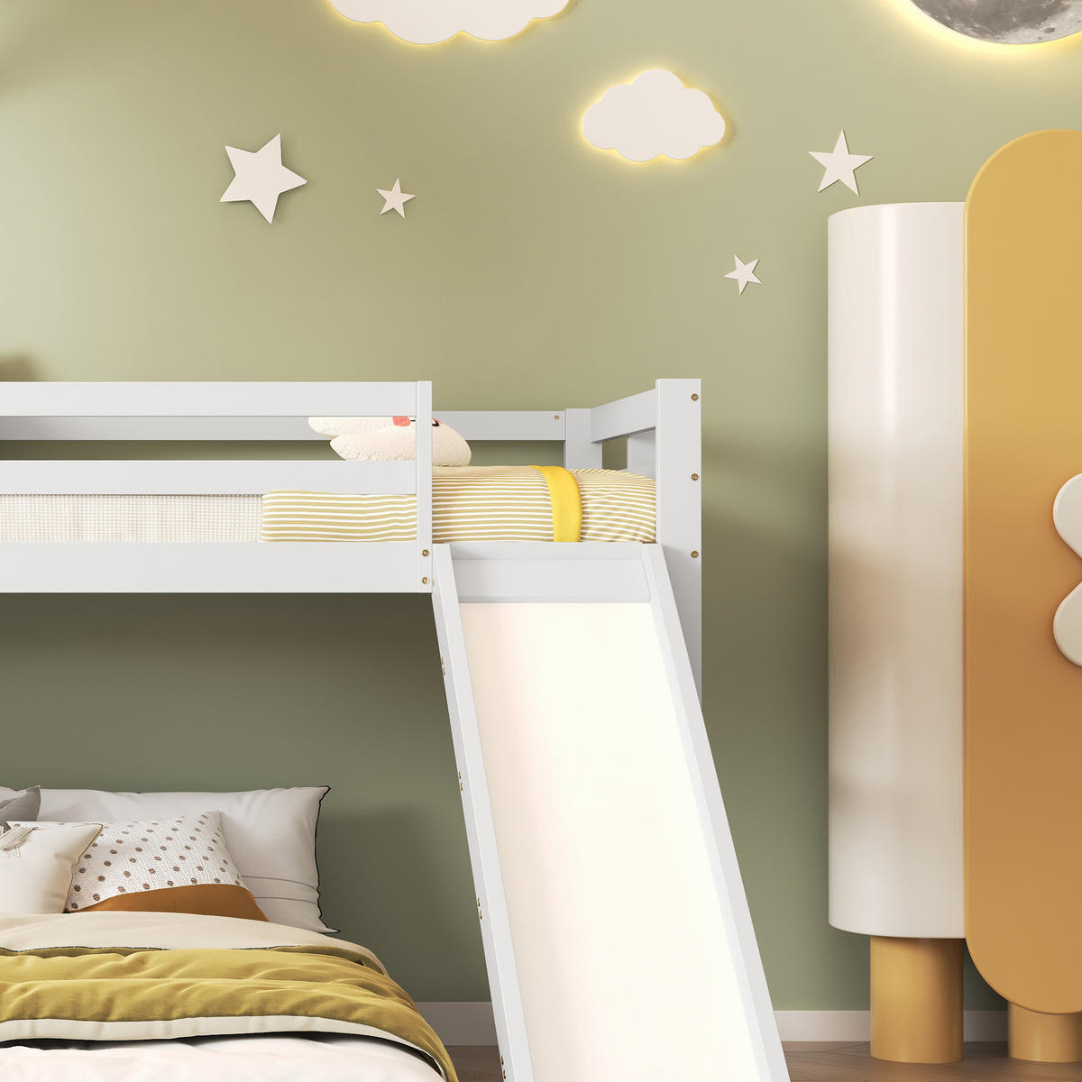 ETAGENBETT Haus 90x200/140x200 Weiß mit Rutsche und Fenster - Weiß, Holz (90/200cm) - ComfortXL