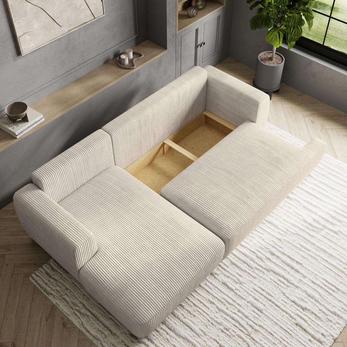 ECKSOFA SENTI P L-S Creme Kordstoff mit Schlaffunktion - Creme, Holz (246/148cm) - MASSENO