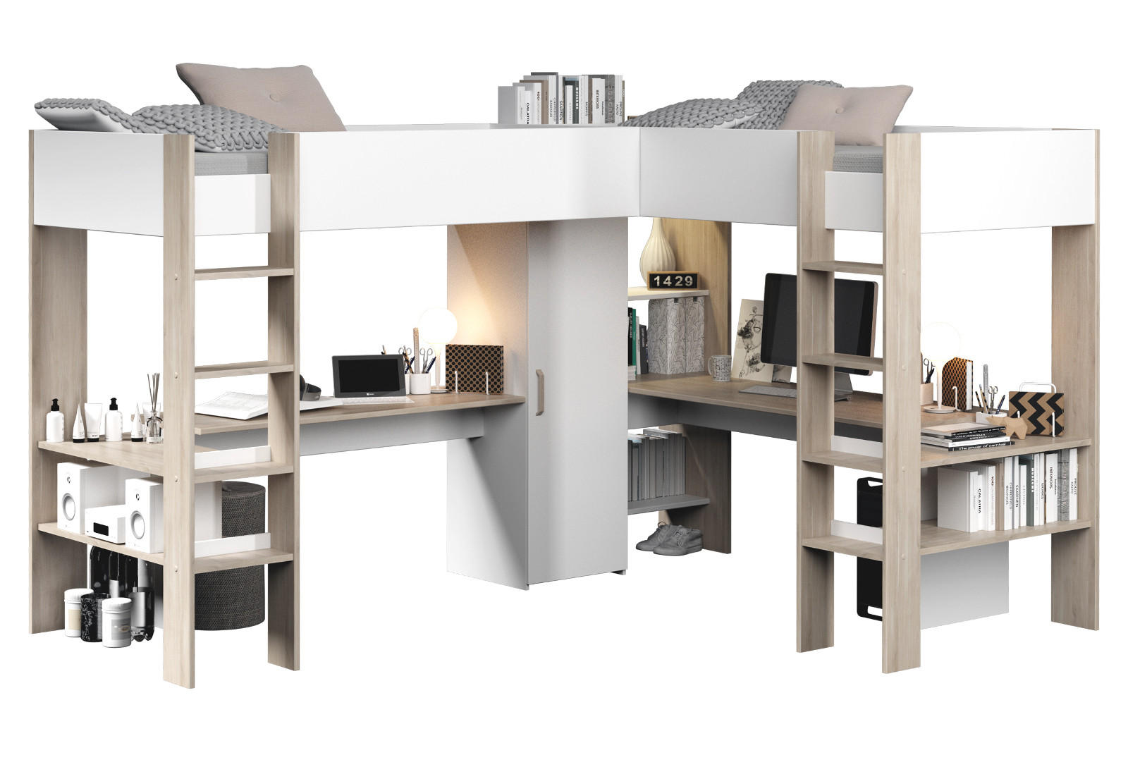 HOCHBETT weiß, Eiche, Kinderzimmer mit 2x Bett Liegefläche 90 x 200 cm - Eichefarben/Silberfarben, Holzwerkstoff/Kunststoff (90/200cm) - Parisot Meuble