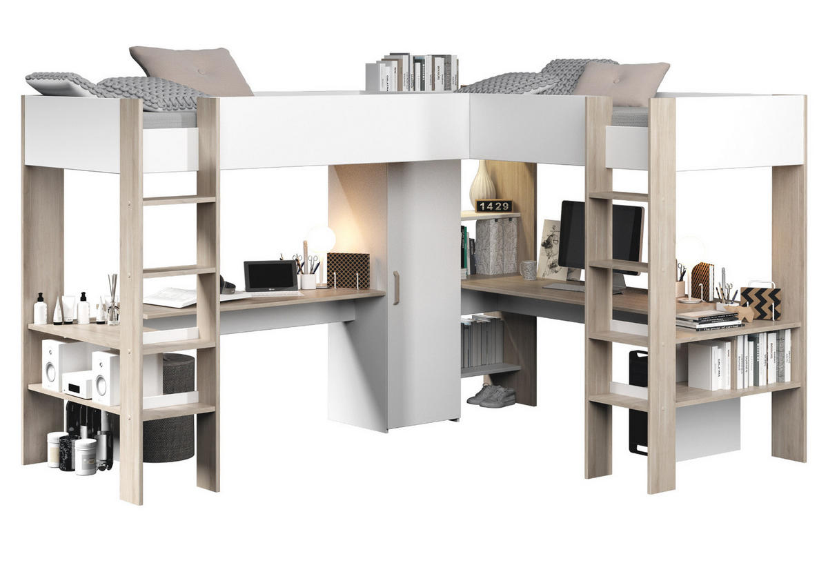 HOCHBETT weiß, Eiche, Kinderzimmer mit 2x Bett Liegefläche 90 x 200 cm - Eichefarben/Silberfarben, Holzwerkstoff/Kunststoff (90/200cm) - Parisot Meuble