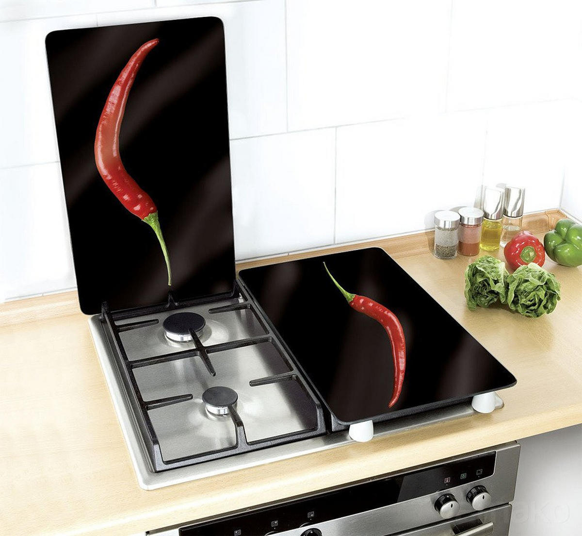 HERDSCHUTZPLATTEN 2 Stück Hot Chili 52/30/0,5 cm - Schwarz, Glas (30/0.5/52cm) - Wenko