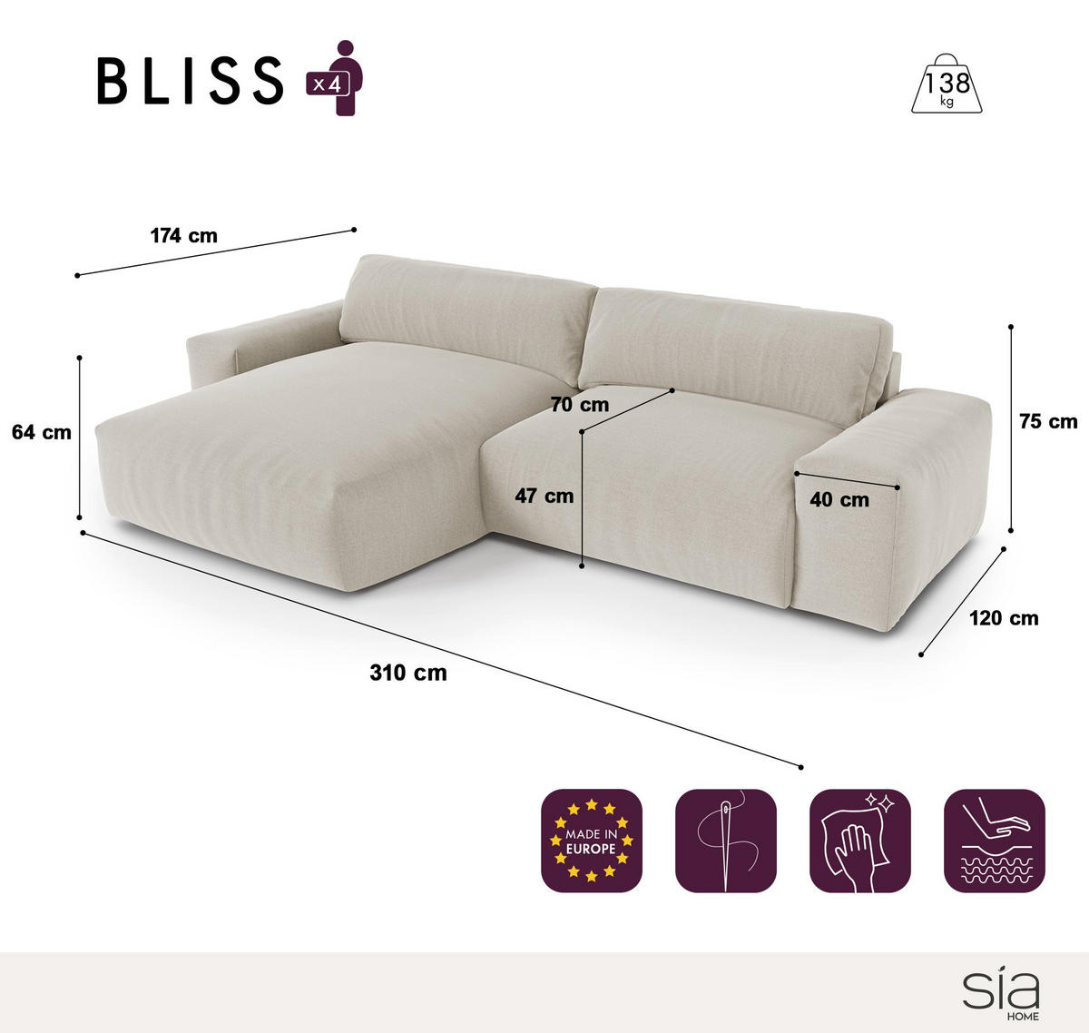 ECKSOFA LINKS Rastergewebe mit weichem Griff Beige 310cm - Beige, Textil (174/310cm) - Sia Home