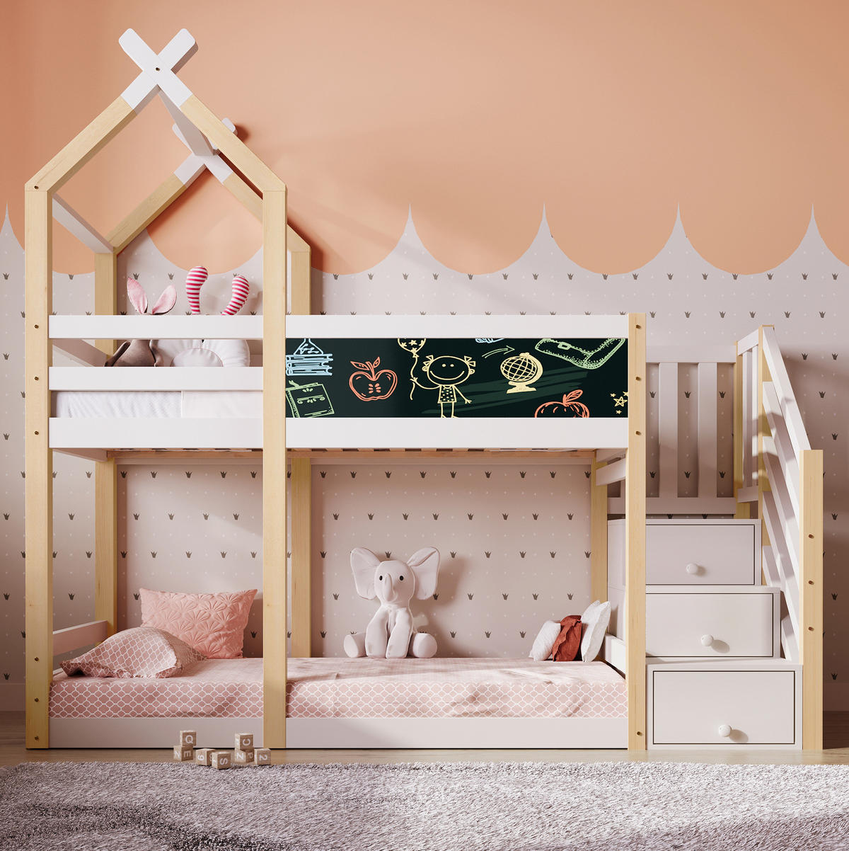 ETAGENBETT 90/200 cm Weiß Baumhaus Design mit Tafel und Rausfallschutz - Weiß, Holzwerkstoff (90/200cm) - OKWISH