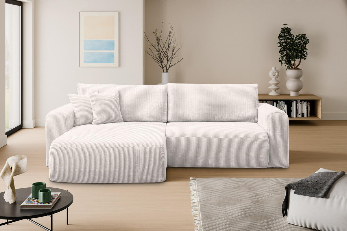ECKSOFA Roma, Eckcouch in L-Form mit Schlaffunktion und Bettkasten, Farbe: Beige, Cordstoff, Ottomane Universal - Beige, Textil (244/142cm) - VENASI MÖBEL