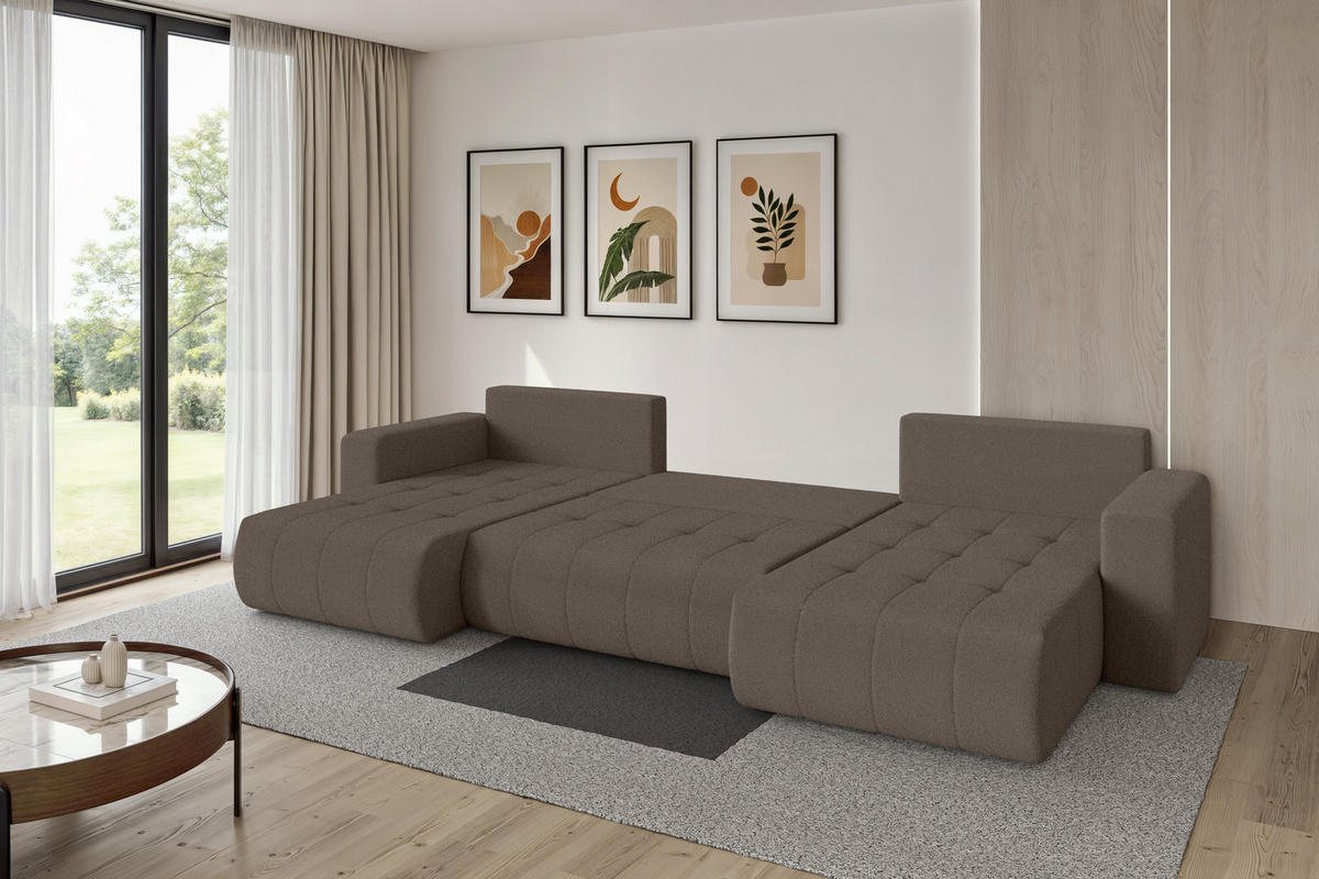 SEDACÍ SOUPRAVA DO U s funkcí spaní a úložným prostorem MILA-U 378x194x86 hnědá bouclé - černá/hnědá, kompozitní dřevo/textil (378/86/194cm) - ALTDECOR