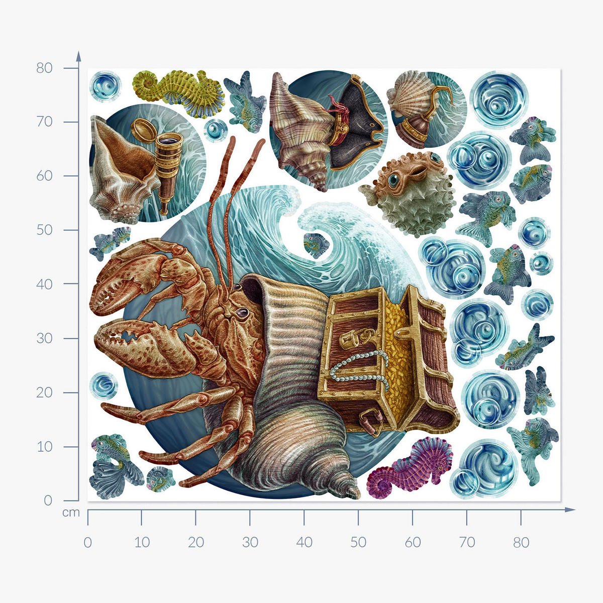 WANDAUFKLEBER 80x87cm - Die Unterwasserwelt der Krabbe - Multicolor, Kunststoff (80/87/0.1cm) - Wallfluent