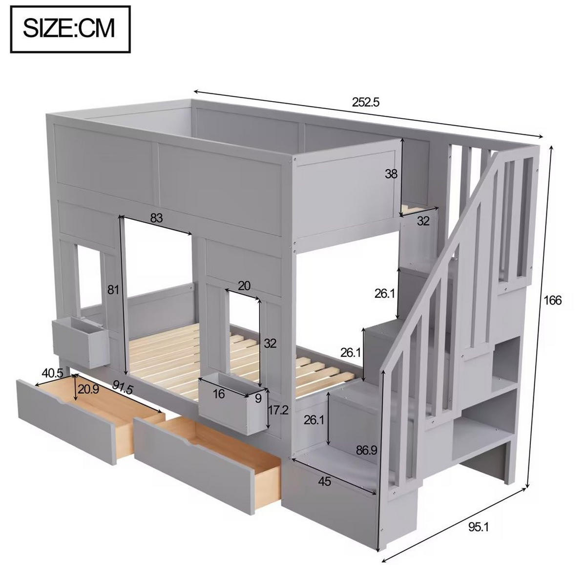 ETAGENBETT 90/200 cm grau aus Holz mit Treppe und Stauraum - Grau, Holzwerkstoff (90/200cm) - OKWISH