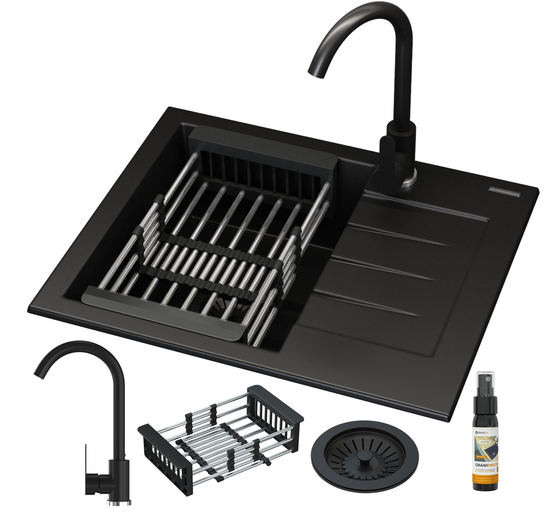 SPÜLBECKEN Milano mit Batterie Siphon - Schwarz, Kunststoff/Stein (46/16/57cm) - Granitan
