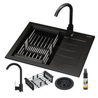 SPÜLBECKEN Milano mit Batterie Siphon - Schwarz, Kunststoff/Stein (46/16/57cm) - Granitan