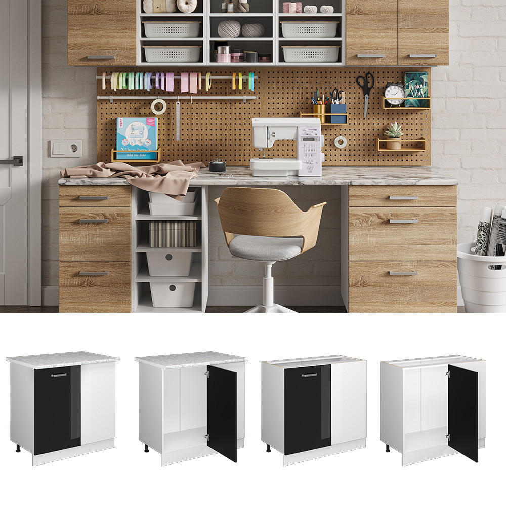 ECKSCHRANK FÜR HAUSRAT R-Line Schwarz Hochglanz 86 cm mit Tür, mit Arbeitsplatte - Schwarz Hochglanz/Weiß, Holzwerkstoff (86/81.6/60cm) - Vicco