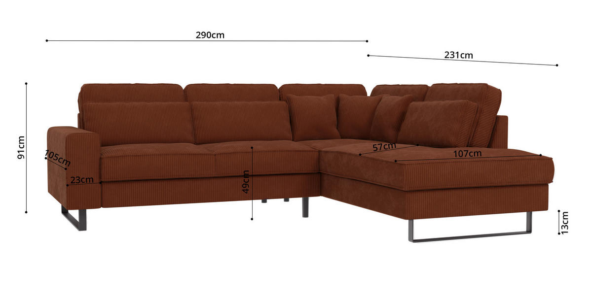ECKSOFA Floe Terrakotta Cord - Terracotta/Schwarz, Holz/Kunststoff (290/231cm) - S-Style Möbel