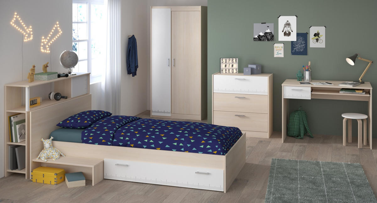 KINDERZIMMER-SET 5-teilig Akazie, weiß, Komplettset mit viel Stauraum - Eichefarben/Silberfarben, Holzwerkstoff/Kunststoff (123/180/203cm) - Parisot Meuble