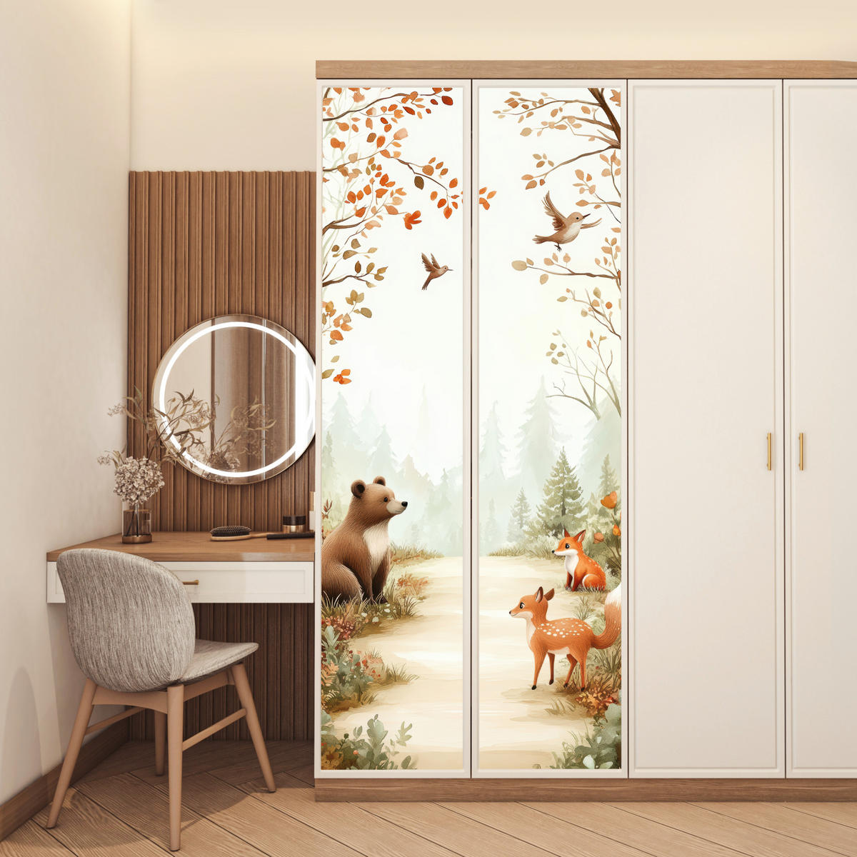FOTOTAPETE Tür - Wald - Herbst - Waldtiere - Bär - Fuchs 95x235 cm - Kastanienfarben, Kunststoff (95/0.1cm) - MuchoWow