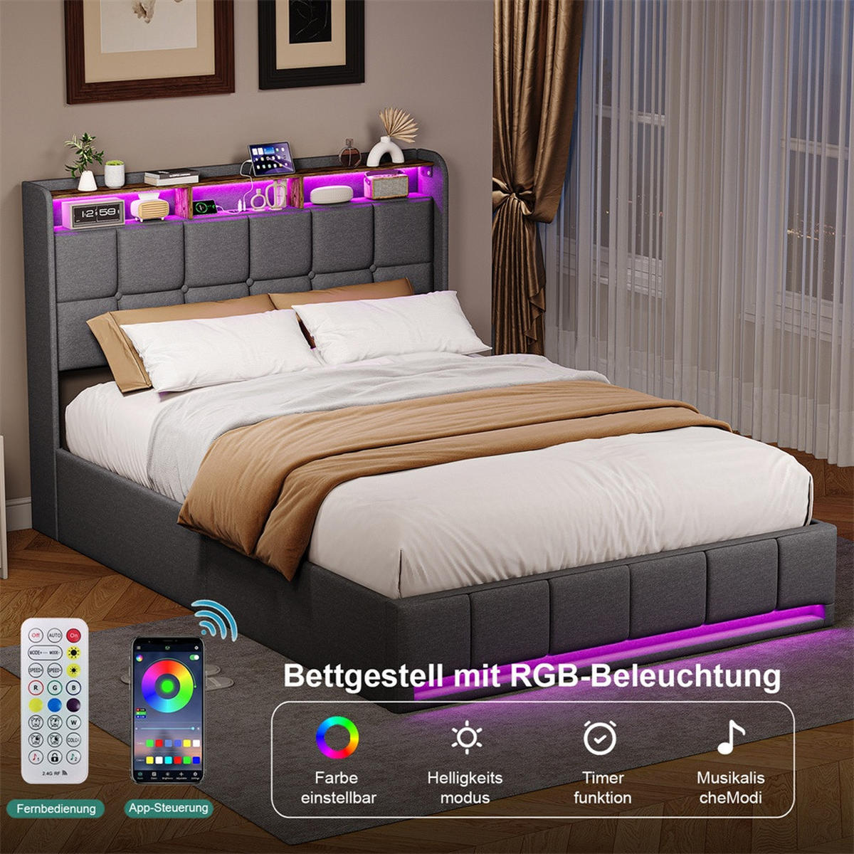 POLSTERBETT 140x200 cm mit LED-Beleuchtung und hydraulischem Stauraum - ohne Matratze - Grau - Grau, Textil (140/200cm) - DELFA