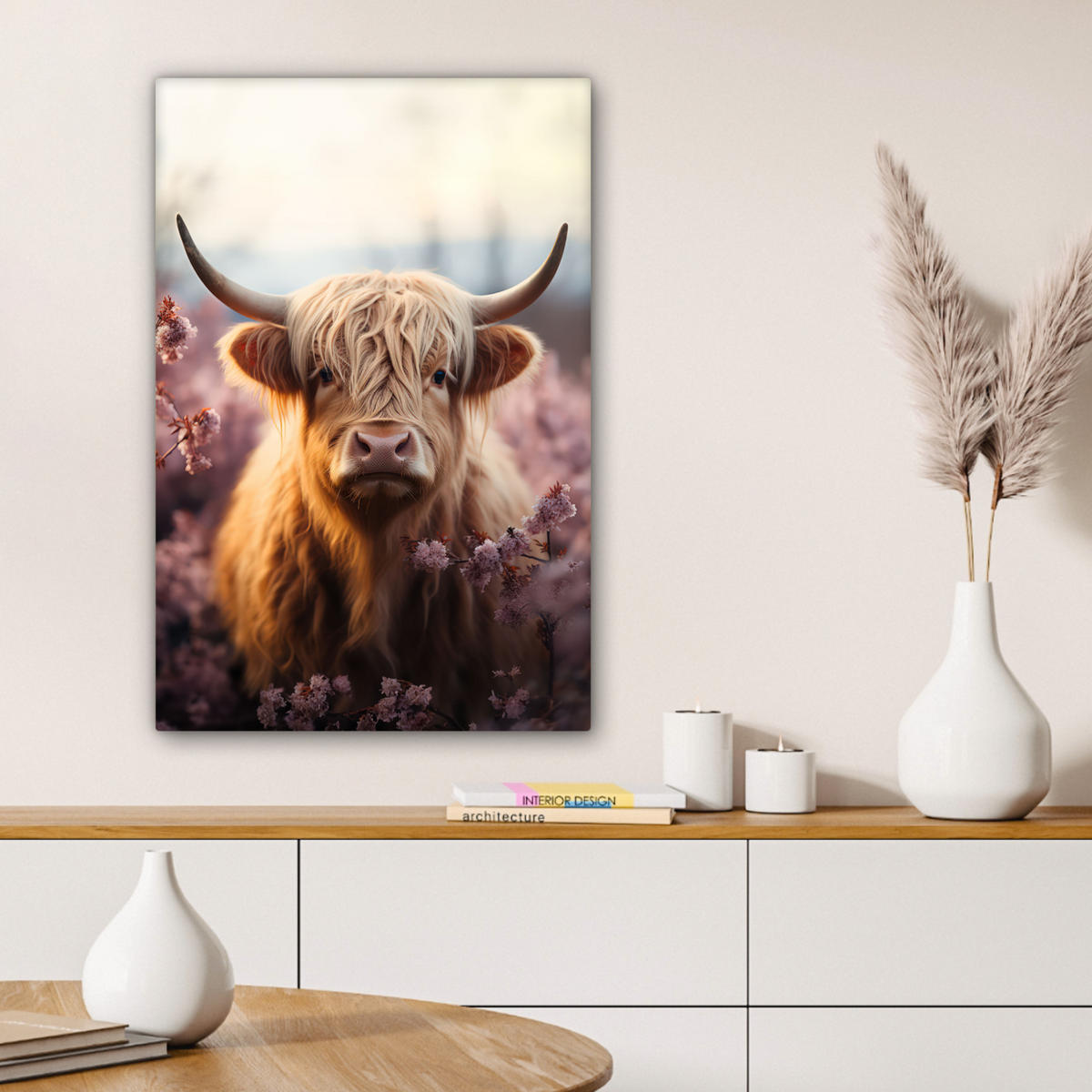 LEINWANDBILD - Schottischer Hochländer - Frühling - Hochland - 60x90 - Kunstdruck - Hellrosa, Textil (60/90cm) - MuchoWow
