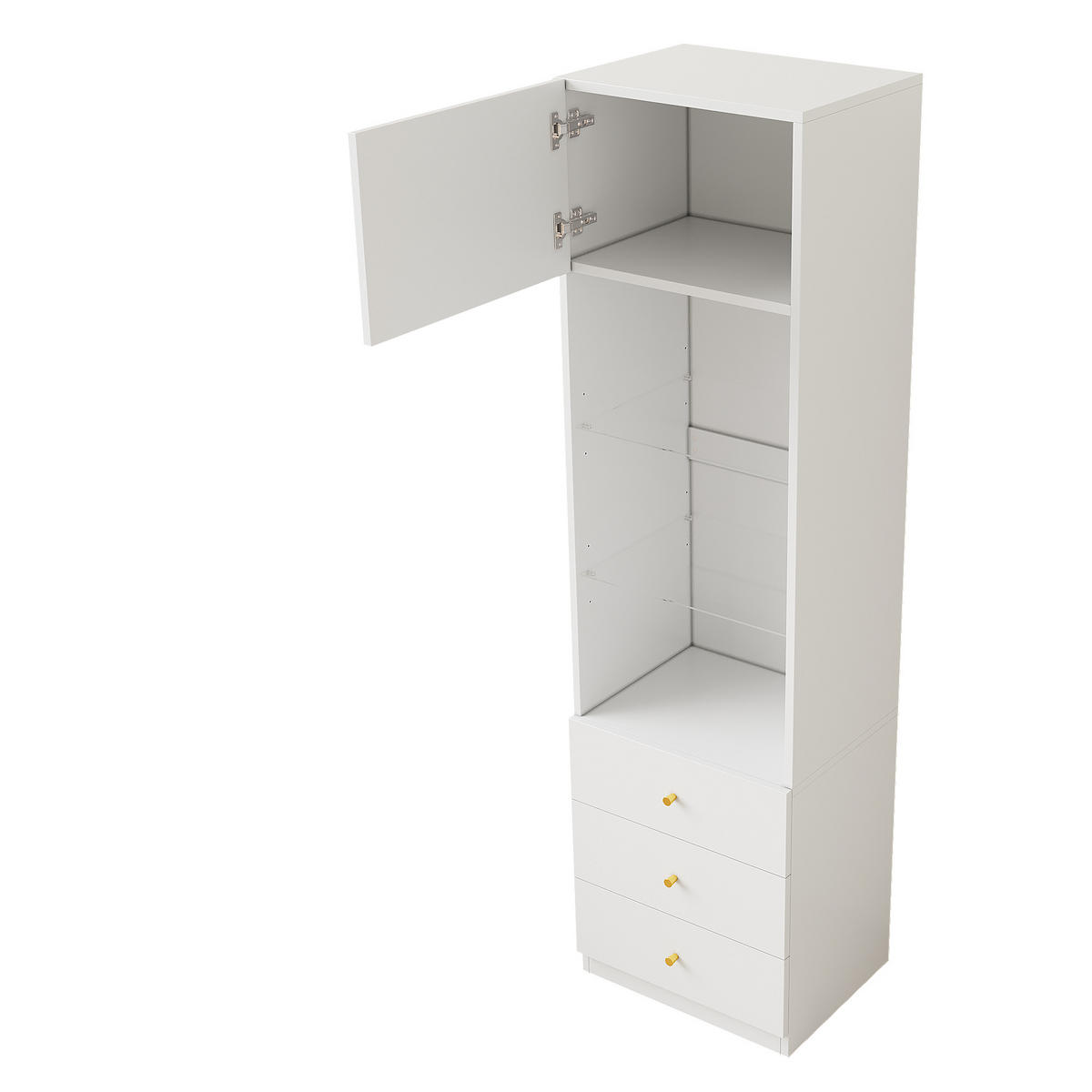 VITRINE Weiß 50×40×180 cm aus Holzwerkstoff mit verstellbaren Glasböden drei Schubladen und offenem Stauraum - Weiß, Holzwerkstoff (50/180/40cm) - Luhomfu