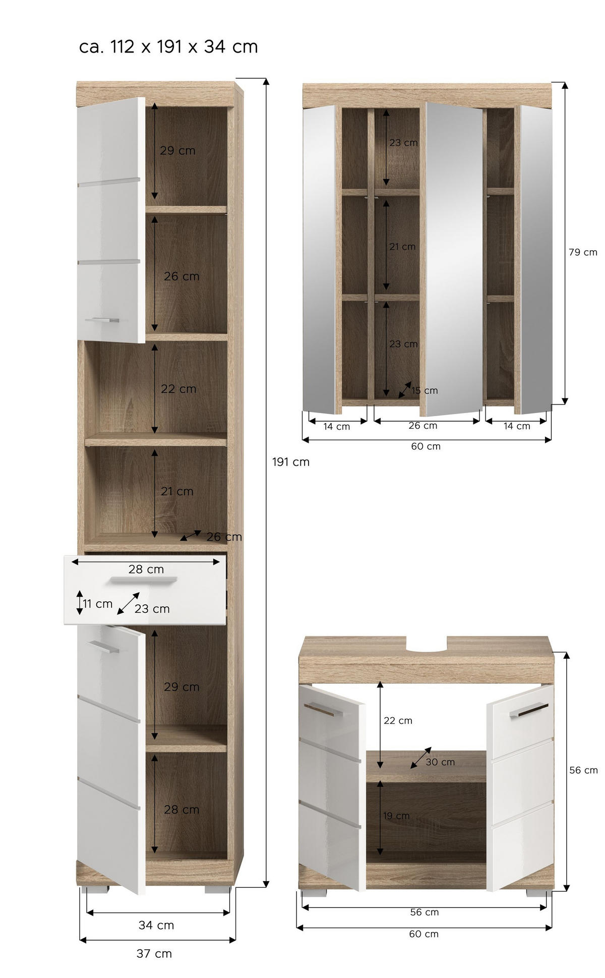 BADKOMBINATION 3tlg. Lambada Bad in Sonoma Eiche hell und weiß hochglanz B/H/T: 112x191x34 cm - Sonoma Eiche, Holz (112/191/34cm)