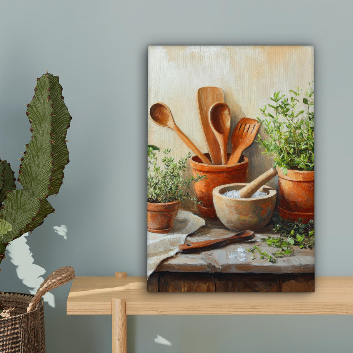 LEINWANDBILD Töpfe - Kräuter - Holz 20x30 cm - Terracotta, Textil (20/30cm) - MuchoWow