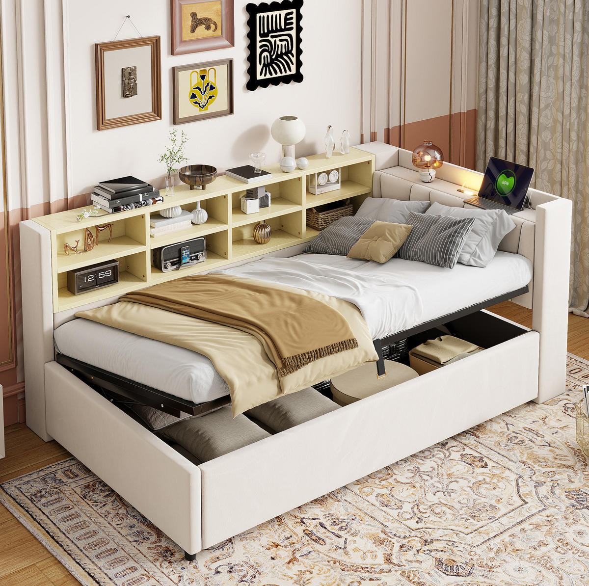 SCHLAFSOFA aus Samt 90x200 cm Beige mit hydraulischem Stauraum, Nachtlicht, USB- und Typ-C-Anschlüssen - Beige, Textil (90/200cm) - IVMEU