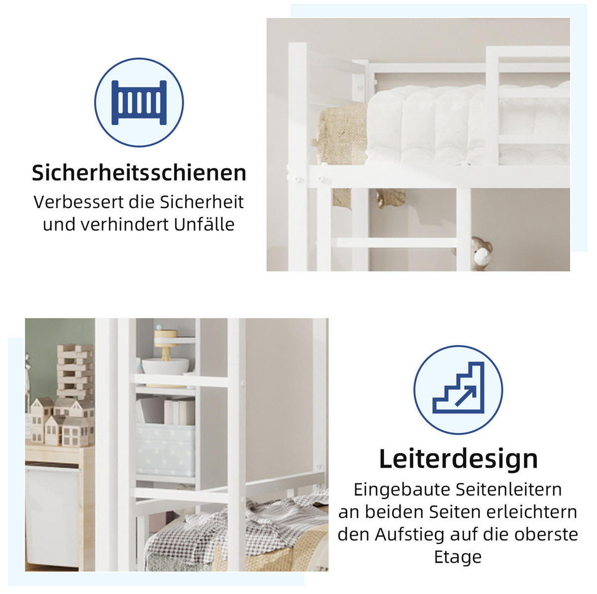 ETAGENBETT 90/180 cm Weiß aus Eisen mit Leiter und Geländer - Weiß, Metall (90/200cm) - OKWISH