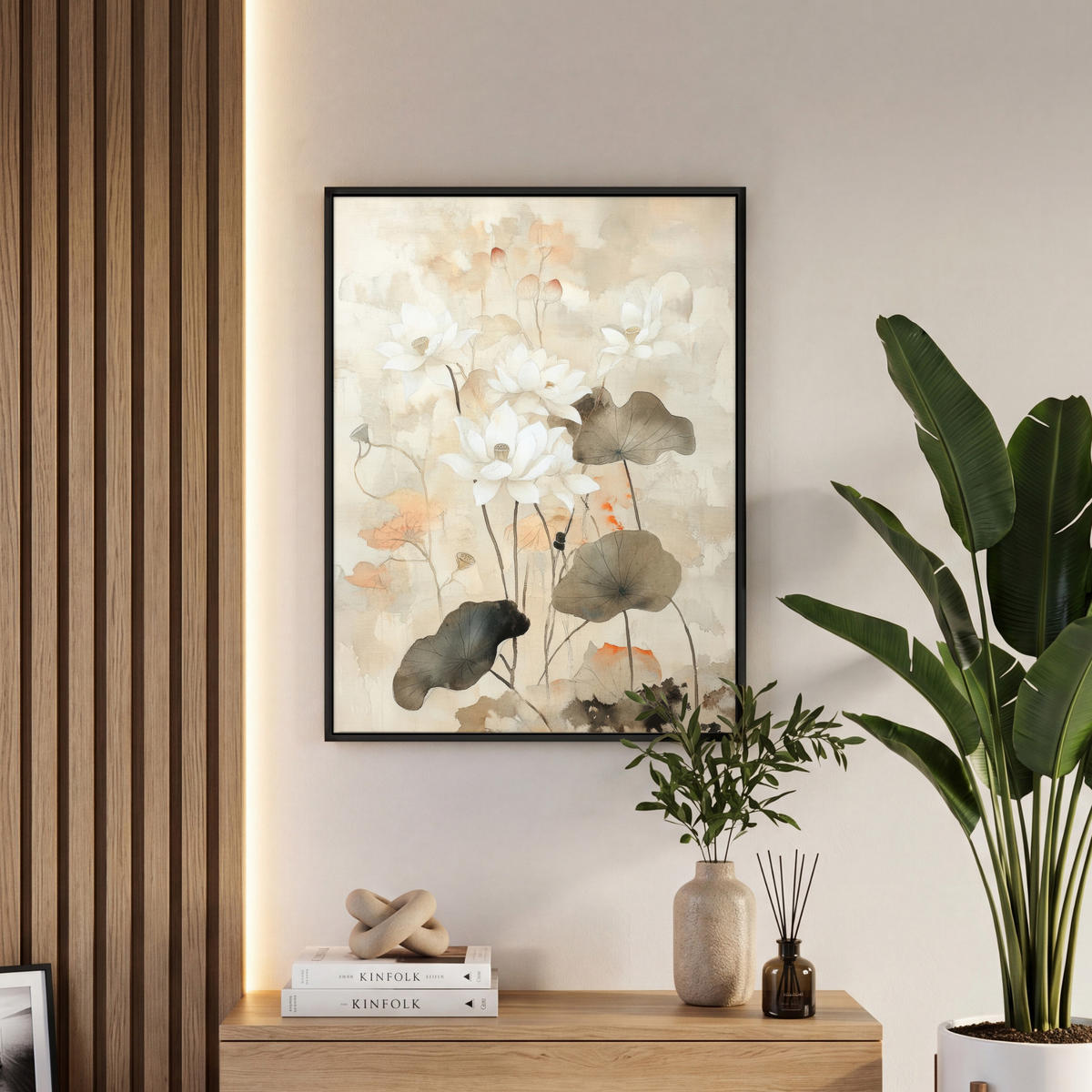 LEINWAND Bilder mit Rahmen - Blumen - Japandi - Wabi sabi - 60x80 - Sandfarben, Textil (60/80cm) - MuchoWow