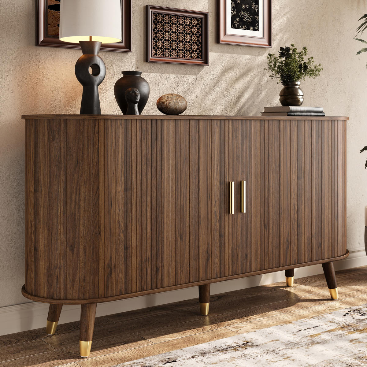 SIDEBOARD in Nussbaumfarben Kommode mit vertikaler Maserung, 2 Schiebetüren und 2 Schubladen , B140/T40/H79.5cm - Nussbaumfarben, Holzwerkstoff/Metall (140/79.5/40cm) - STILVORA