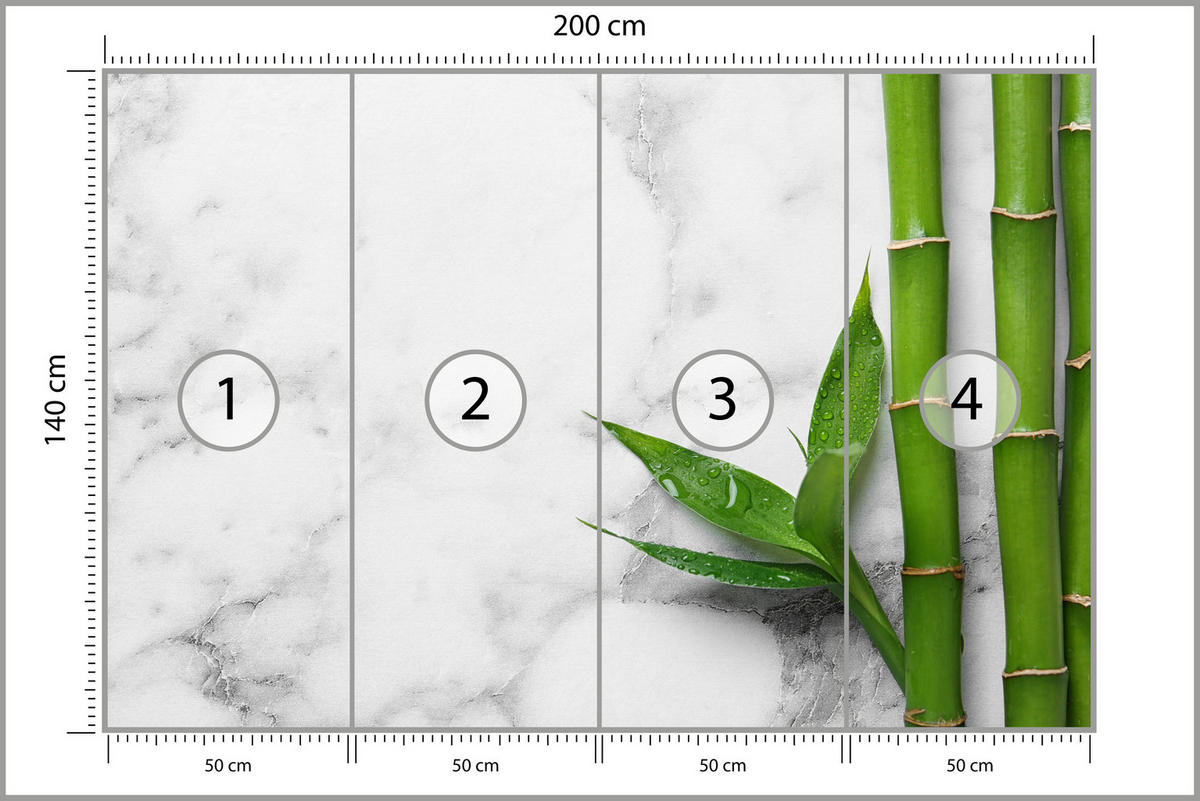 FOTOTAPETE für Küche Bambusblätter Grauer Marmor Exotisch Elegant 200x140 - Weiß/Grau, Papier (200/140cm) - Muralo