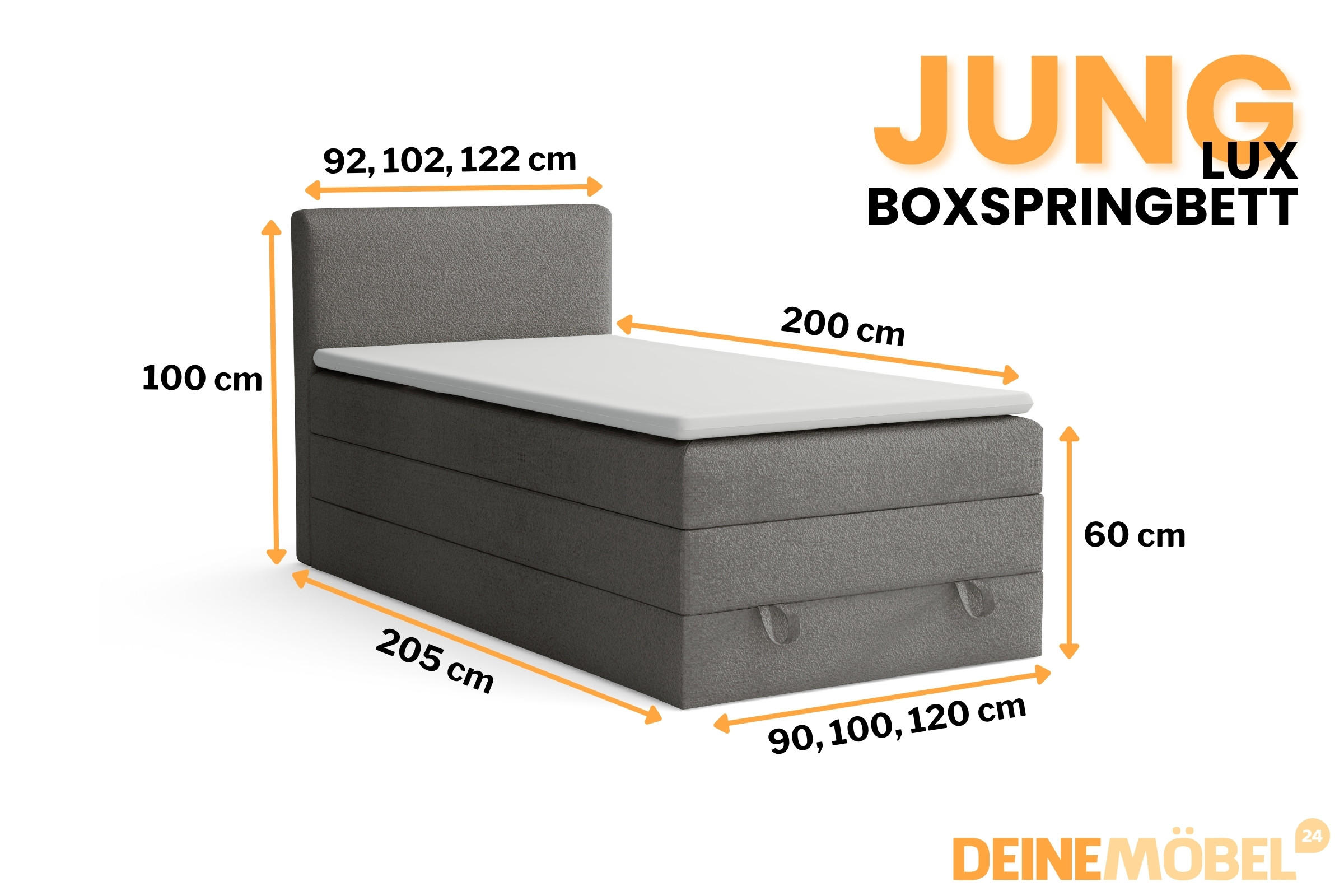 Thumbnail - Deine Möbel 24 Boxbett, Dunkelgrau, Holz, Holzwerkstoff, Textil, H3 + H4, 100x200 cm, Schlafzimmer, Betten, Boxspringbet...