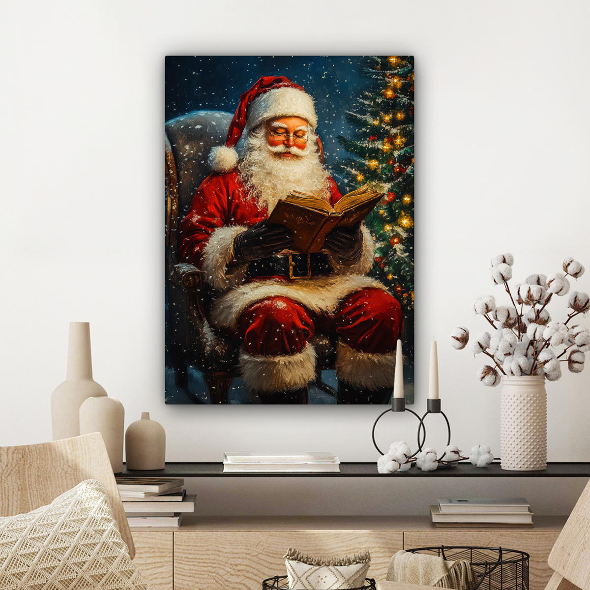 LEINWANDBILD Weihnachtsmann - Weihnachten - Winter - Weihnachtsbaum Wandbild Wohnzimmer 60x80 cm - Bordeaux, Textil (60/80cm) - MuchoWow