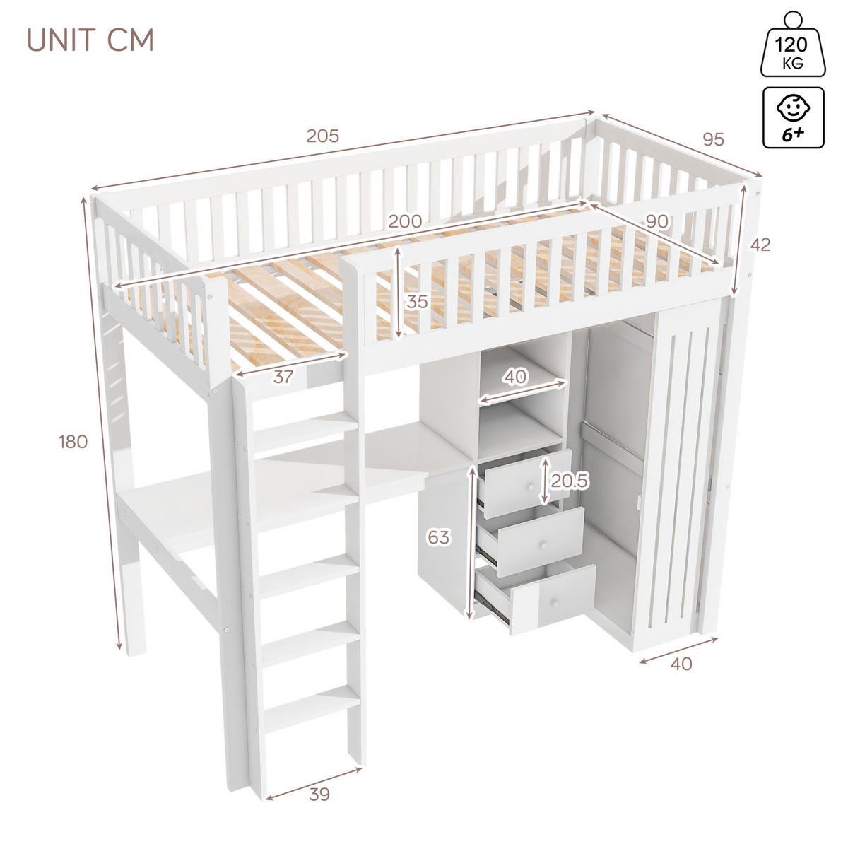 VYSOKÁ posteľ 90/200 cm biela z borovice a MDF s písacím stolom šatníkom 3 zásuvkami a schodmi - biela, drevo (90/200cm) - OKWISH