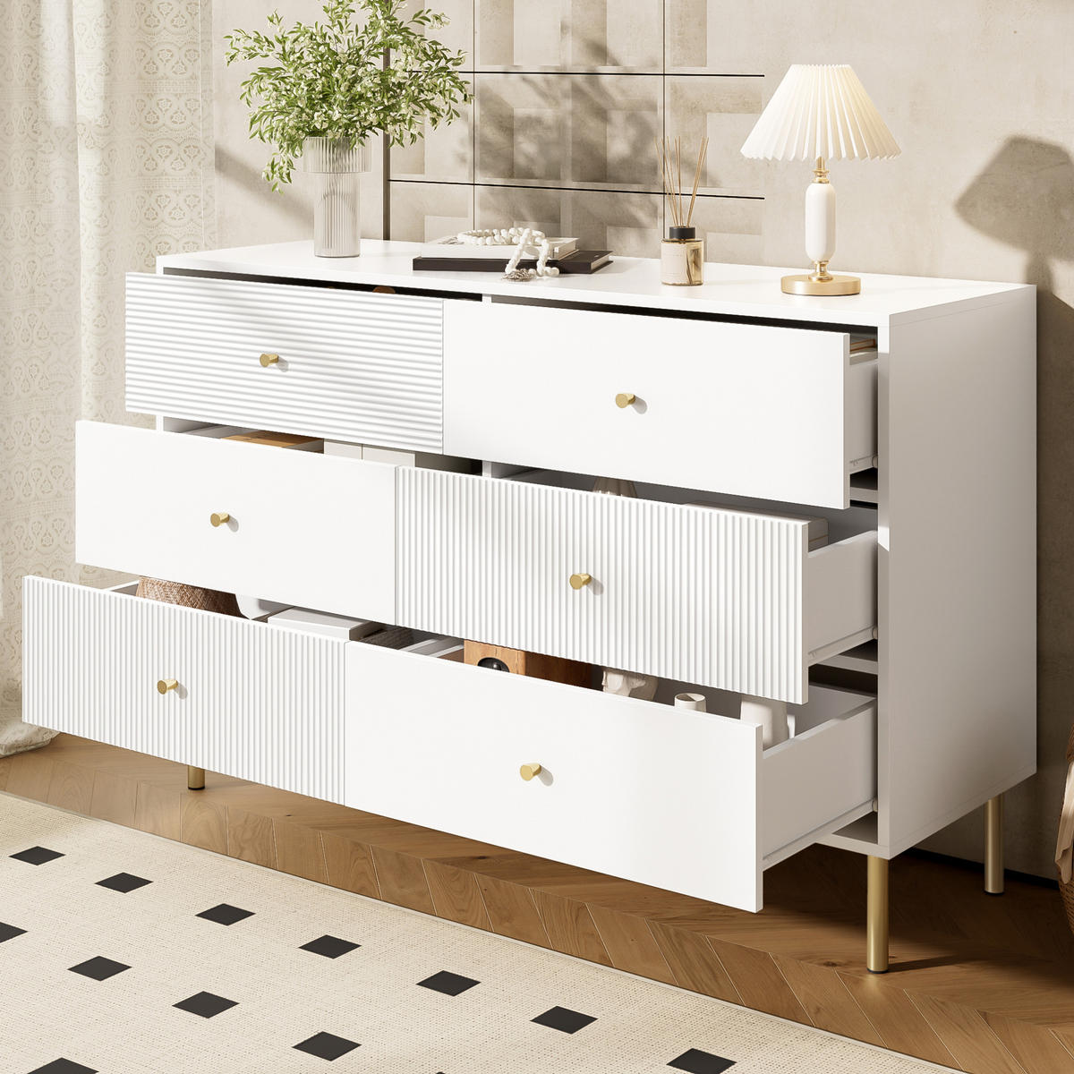 KOMMODE 120/40/78 cm mit 6 Schubladen und Metallbeinen in Weiß - Weiß, Holzwerkstoff (120/78/40cm) - BEAOK