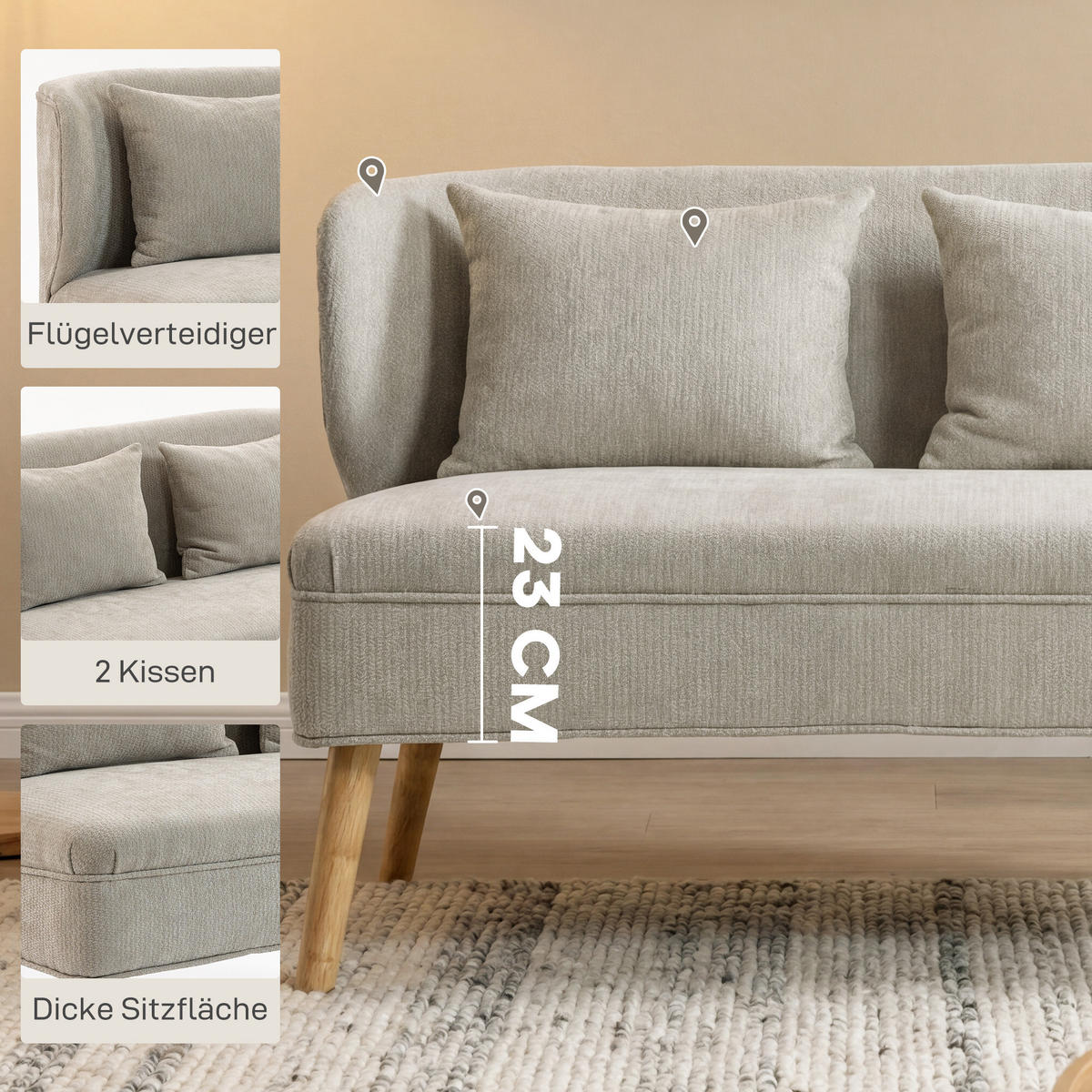 2-SITZER-SOFA DE-06571 kleines Chenille-Sofa mit Flügelrücken, dicker Sitz Beige - Beige, Holz/Textil (117/78.5/65cm) - ComfortXL