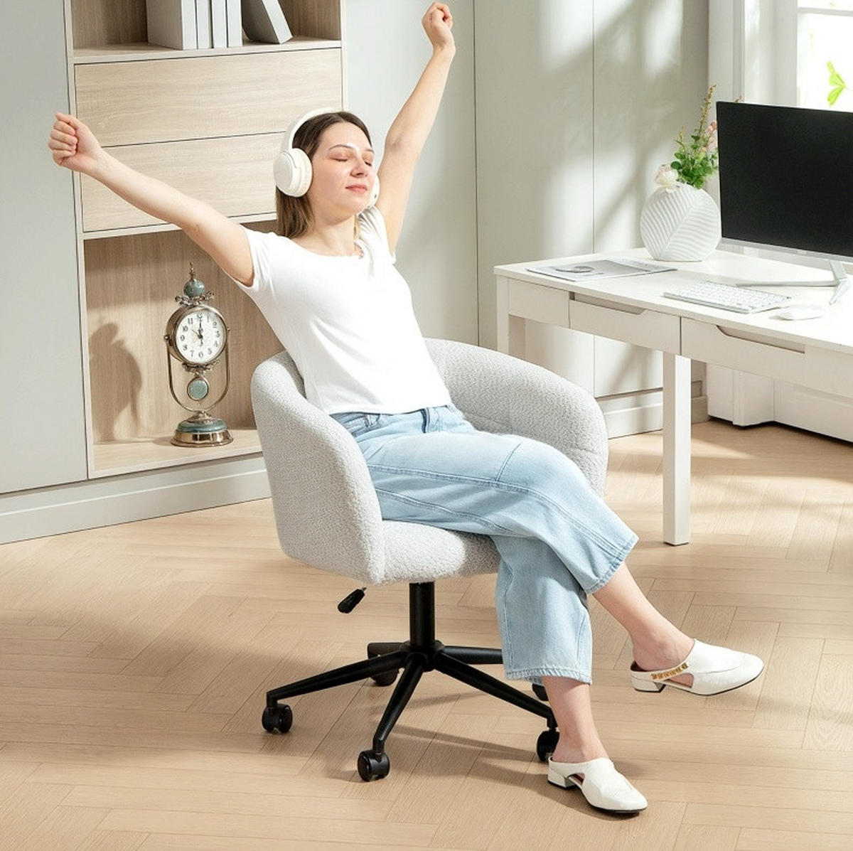 DREHSTUHL 65/75-85/59 cm Cremeweiß aus Polyester höhenverstellbar - Creme, Kunststoff (59/85/65cm) - OKMYHOME