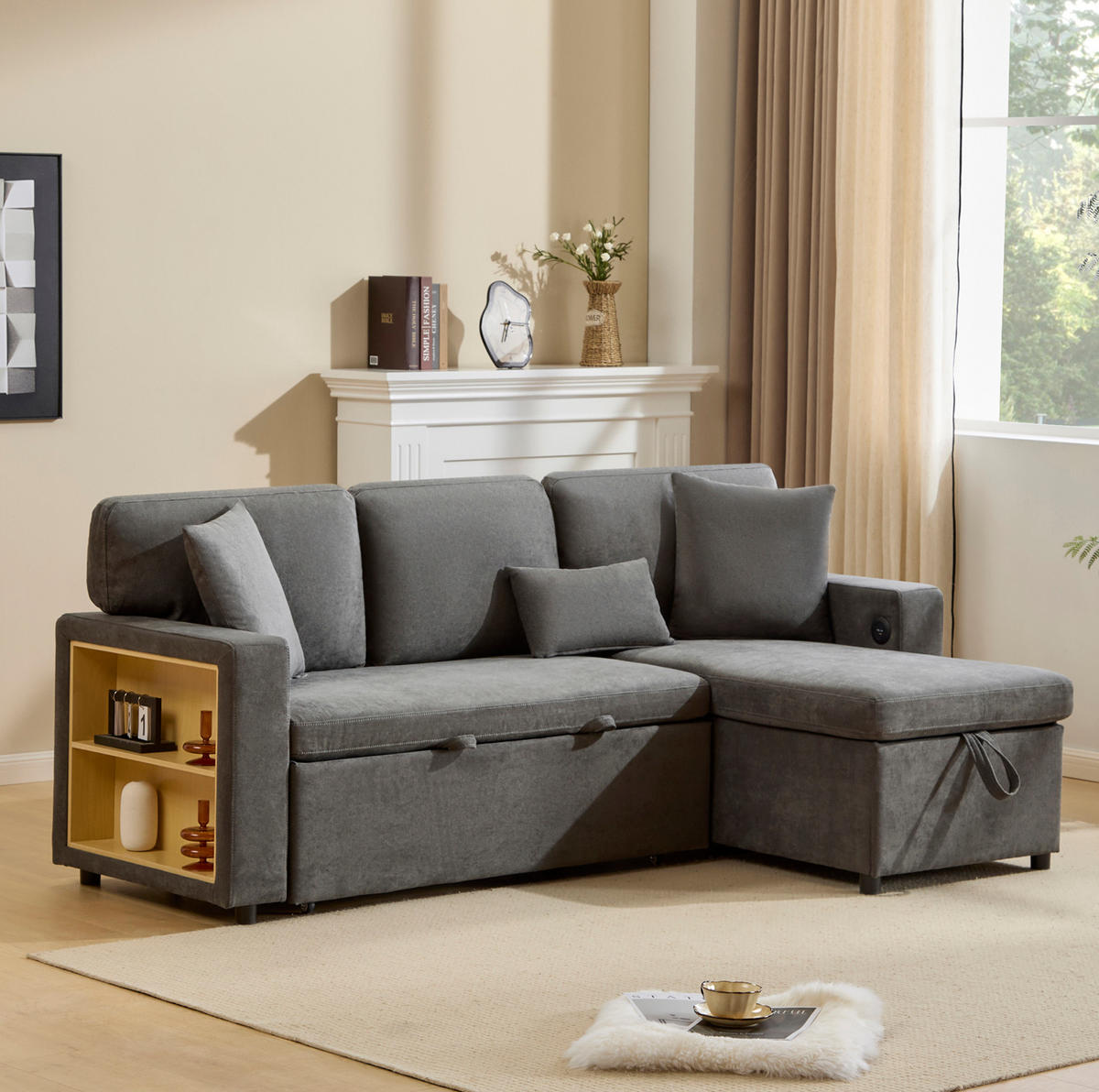 ECKSOFA mit Schlaffunktion und integriertem USB-Anschluss Dunkelgrau Oxford-Stoff 214/131/87 cm - Dunkelgrau, Textil (215/131cm) - OKWISH