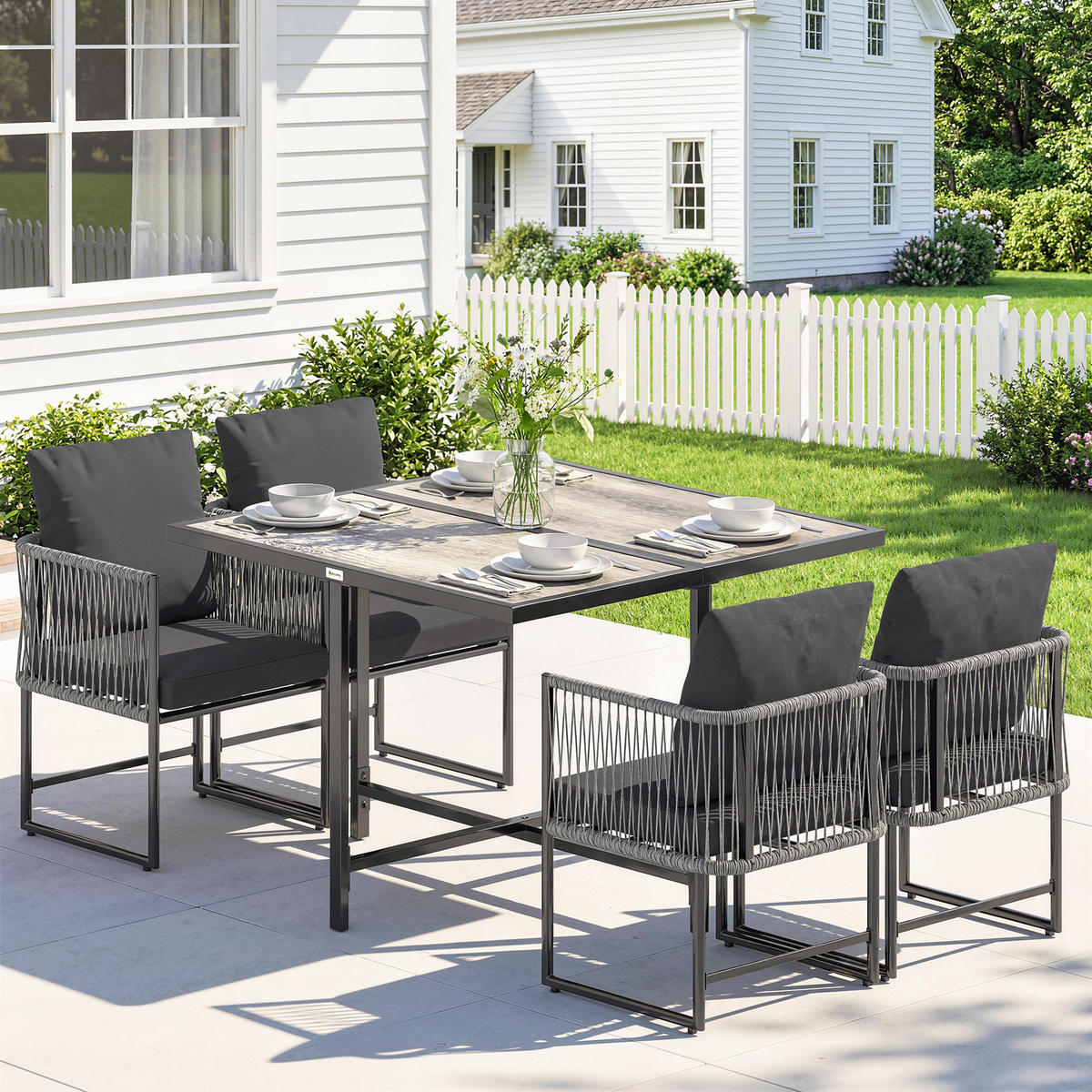 OUTDOOR-ESSGRUPPE 5er Set Stahl Kunststoff Grau - Dunkelgrau/Schwarz, Textil/Metall - Outsunny
