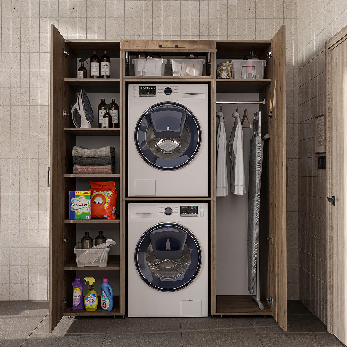 WASCHMASCHINENSCHRANK DUO-II 157cm Breit, 205cm Hoch - Eichefarben, Holzwerkstoff (157/205/67cm)