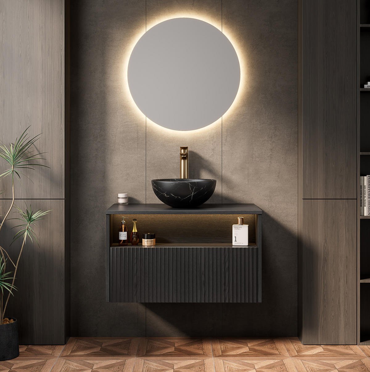 WASCHTISCHKOMBI 80x46x60.8cm in Schwarz mit Sensor-LED, Soft-Close & Massivholzfront - Schwarz, Keramik (80/60.8/46cm) - Modfu