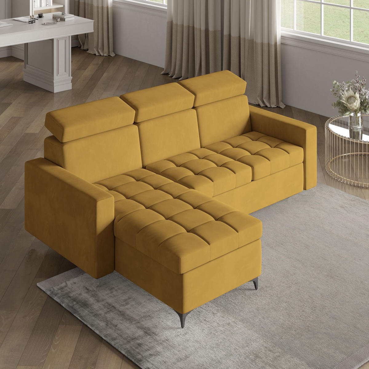 ECKSOFA KAME Gelb Plüsch-Stoff mit Schlaffunktion - Gelb, Holz (227/168cm) - MASSENO