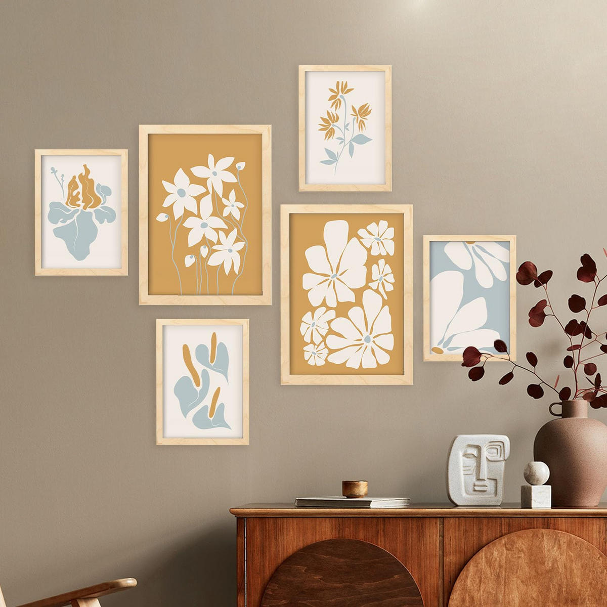 POSTER Set Mit 6 Blumenrahmen 2 In Blume Zusammenfassung Ästhetische Dekorative Gemälde Für Ihr Wohnzimmer Zuhause A3 & A4 Rahmen Aus Hellem Holz - Beige, Papier (29/3cm) - Nacnic