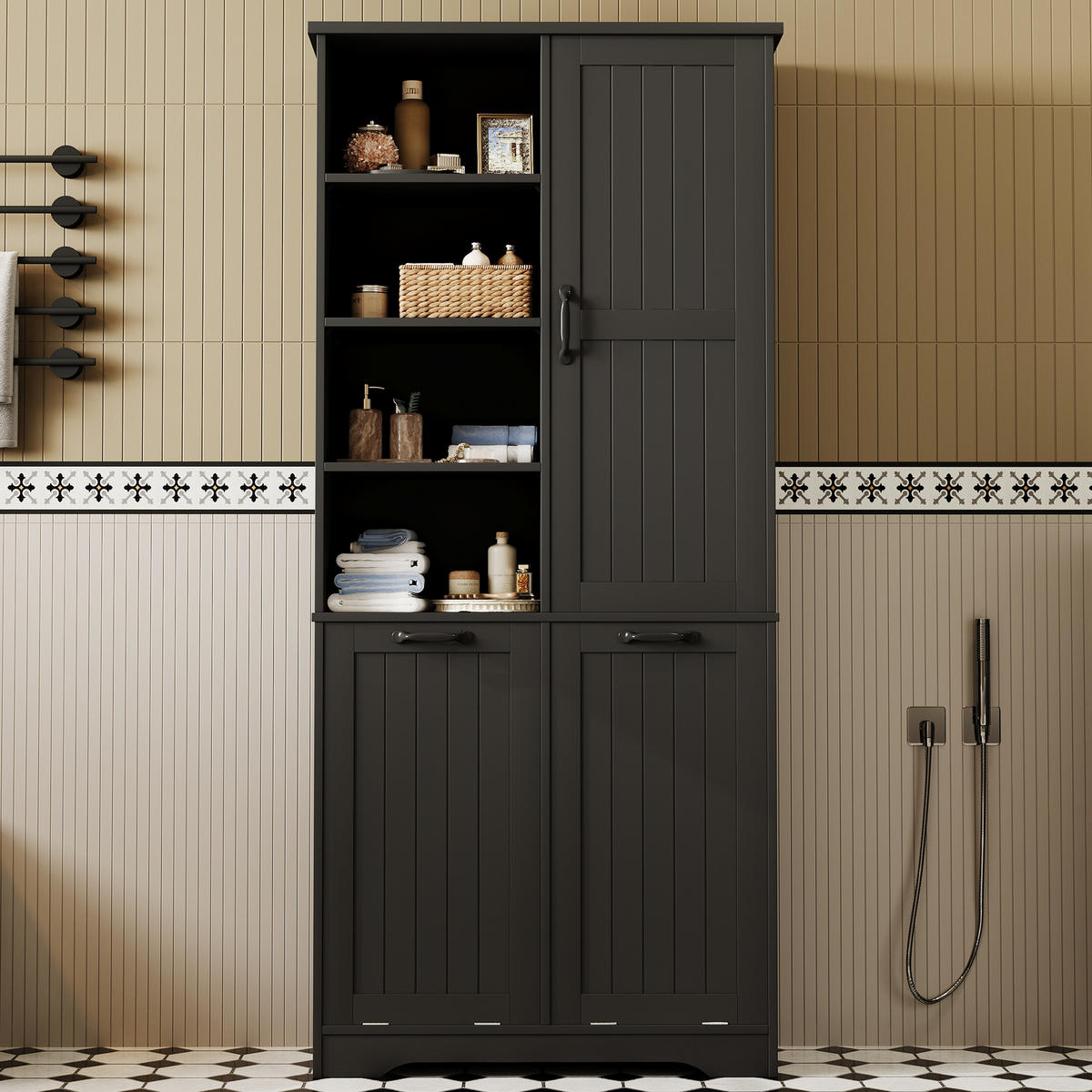 HOCHSCHRANK 78/35/172.7 cm Schwarz mit doppelter Wäschekorb und 4 offene Fächer - Schwarz, Holz/Holzwerkstoff (35/172.7/78cm) - Oxeza