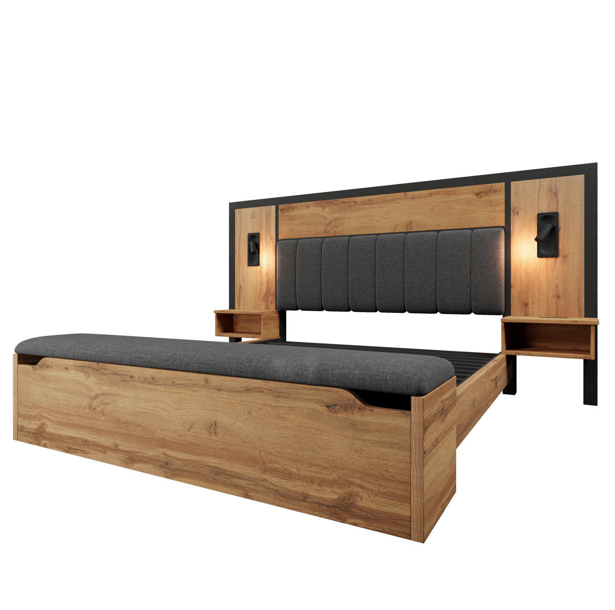 BETT mit Leselampen und Stauraumbank 180x200 cm Eiche - Braun, Holzwerkstoff (180/200cm) - Beauniv