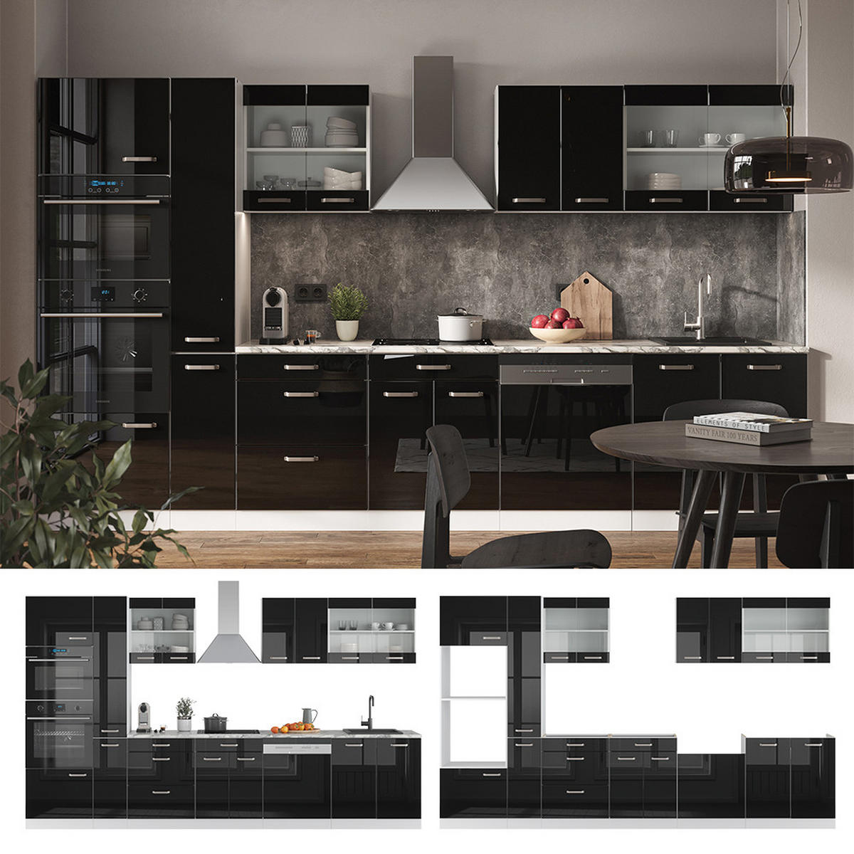 KÜCHENZEILE R-Line Schwarz Hochglanz/Weiß 350 cm mit Hochschrank AP Eiche - Schwarz Hochglanz/Weiß, Holzwerkstoff (350/81.6/60cm) - Vicco