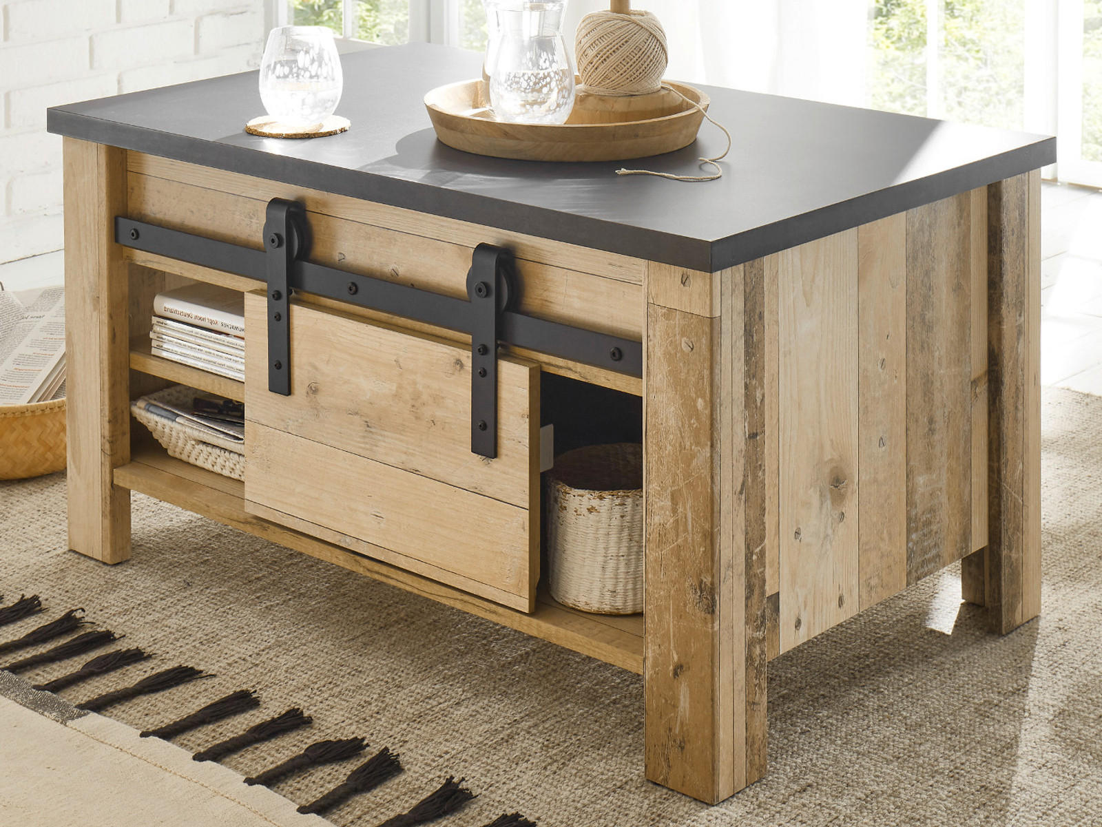COUCHTISCH Used Wood hell, anthrazit, Beistelltisch mit Stauraum - Anthrazit/Schwarz, Holzwerkstoff/Metall (93/60/51cm) - Furn.Design
