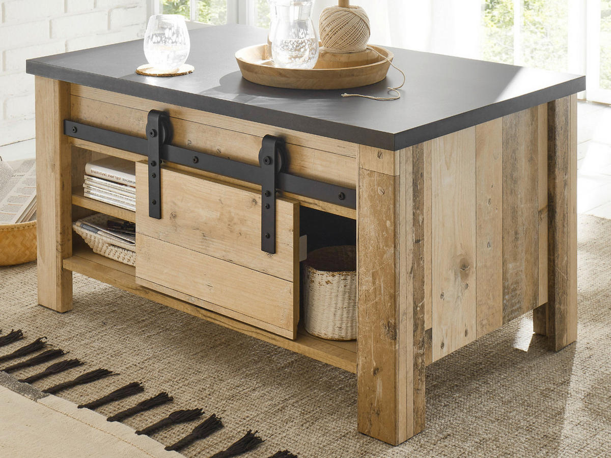 COUCHTISCH Used Wood hell, anthrazit, Beistelltisch mit Stauraum - Anthrazit/Schwarz, Holzwerkstoff/Metall (93/60/51cm) - Furn.Design