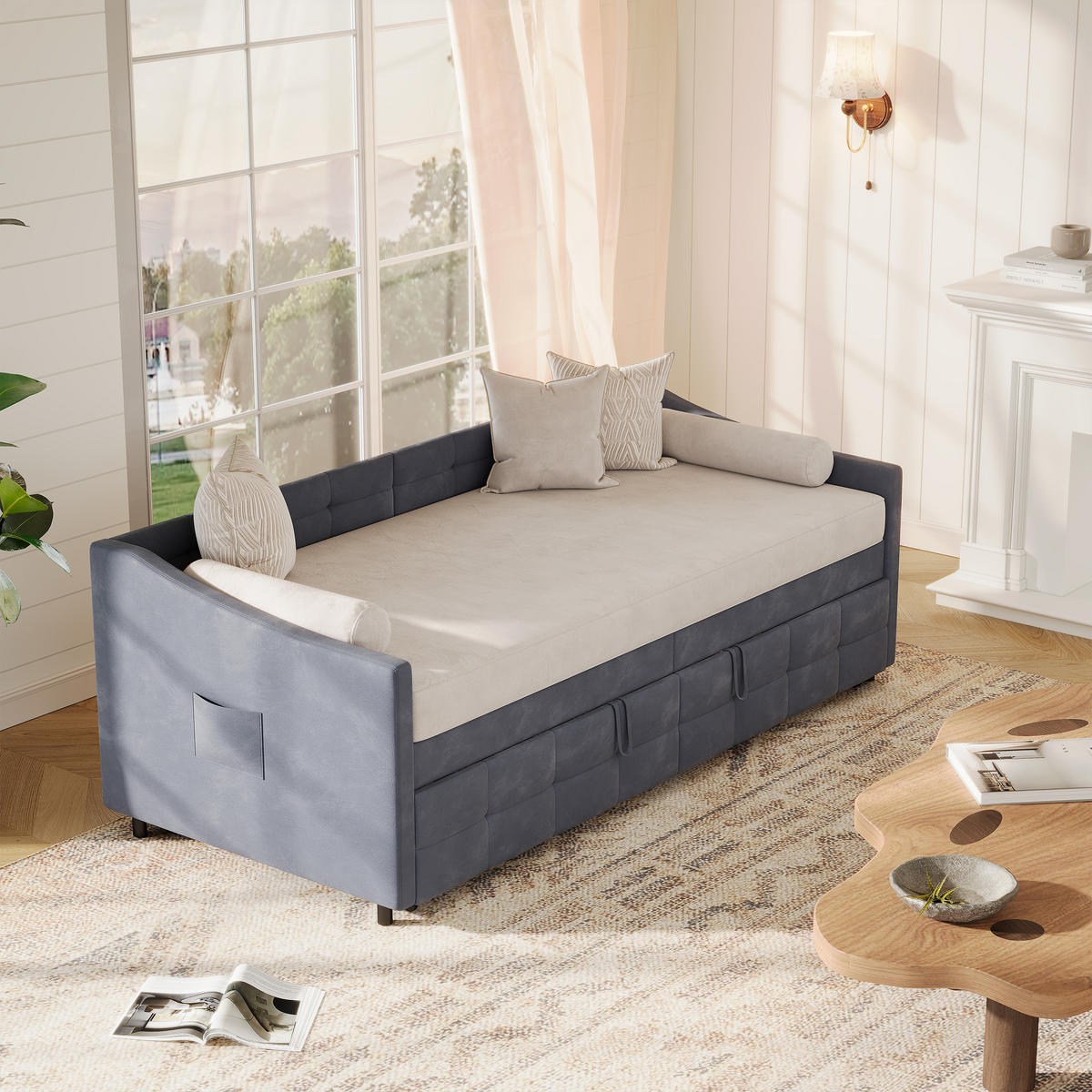 POLSTERBETT 90/200 cm Grau mit Ausziehbett - Grau, Metall (90/200cm) - EuroLiving